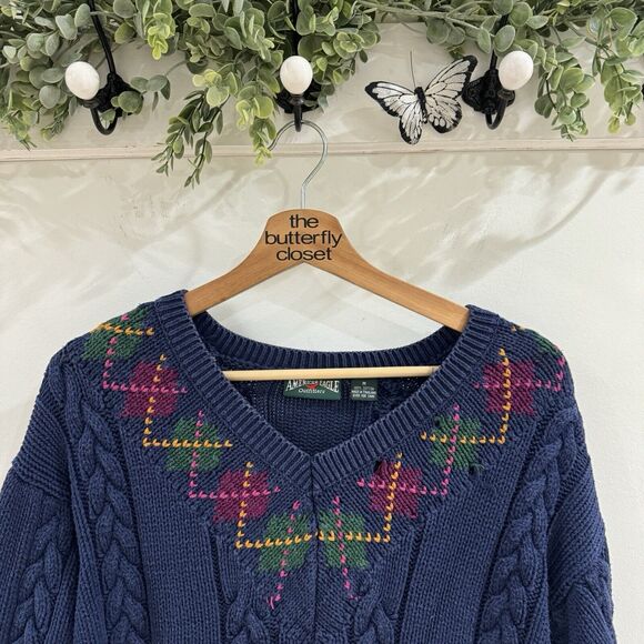 Vintage American Eagle Cable Knit sweater Argyle Medium - Picture 2 of 5
